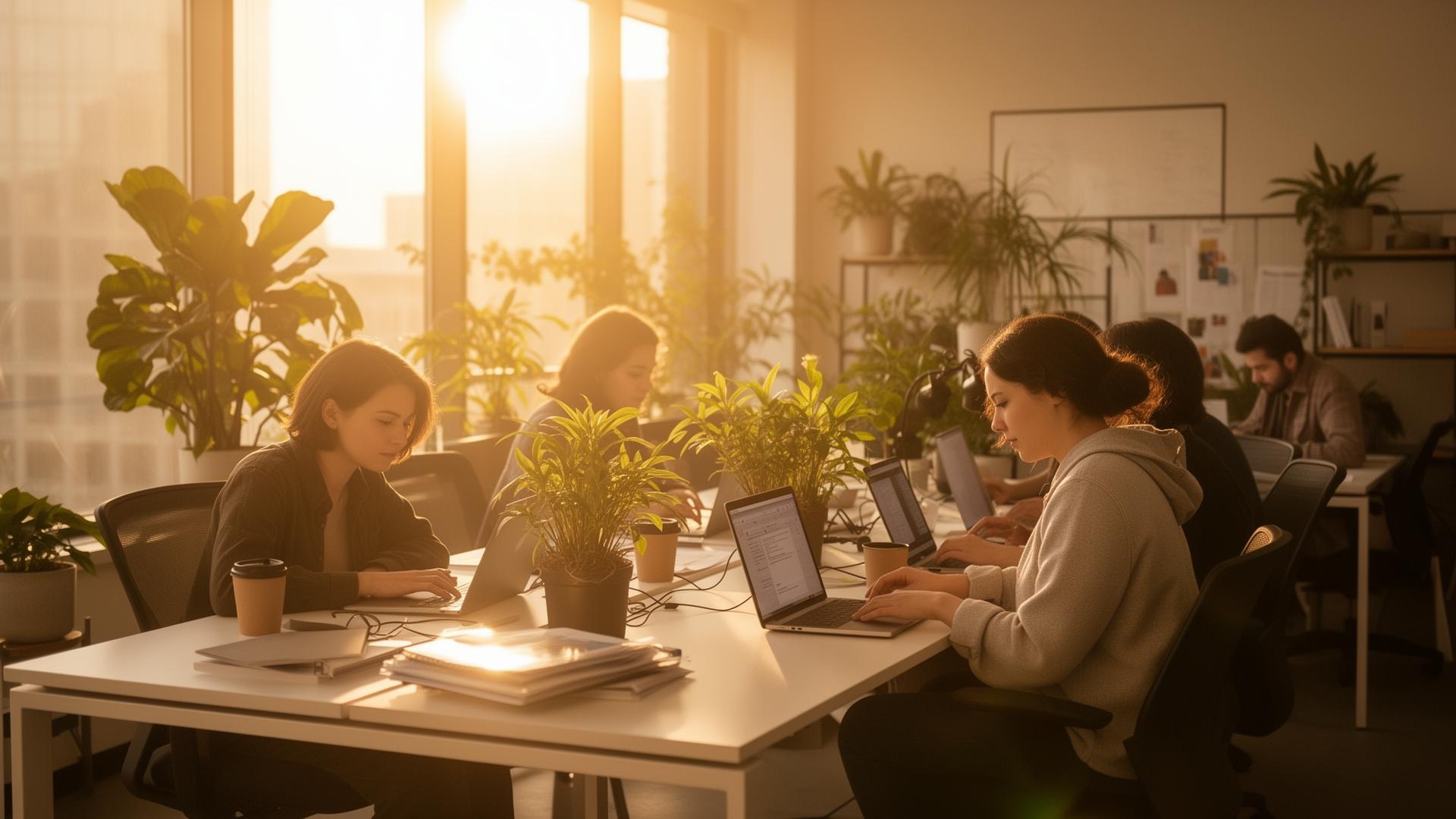 Remote workers collaborating in a warm sunlit workspace